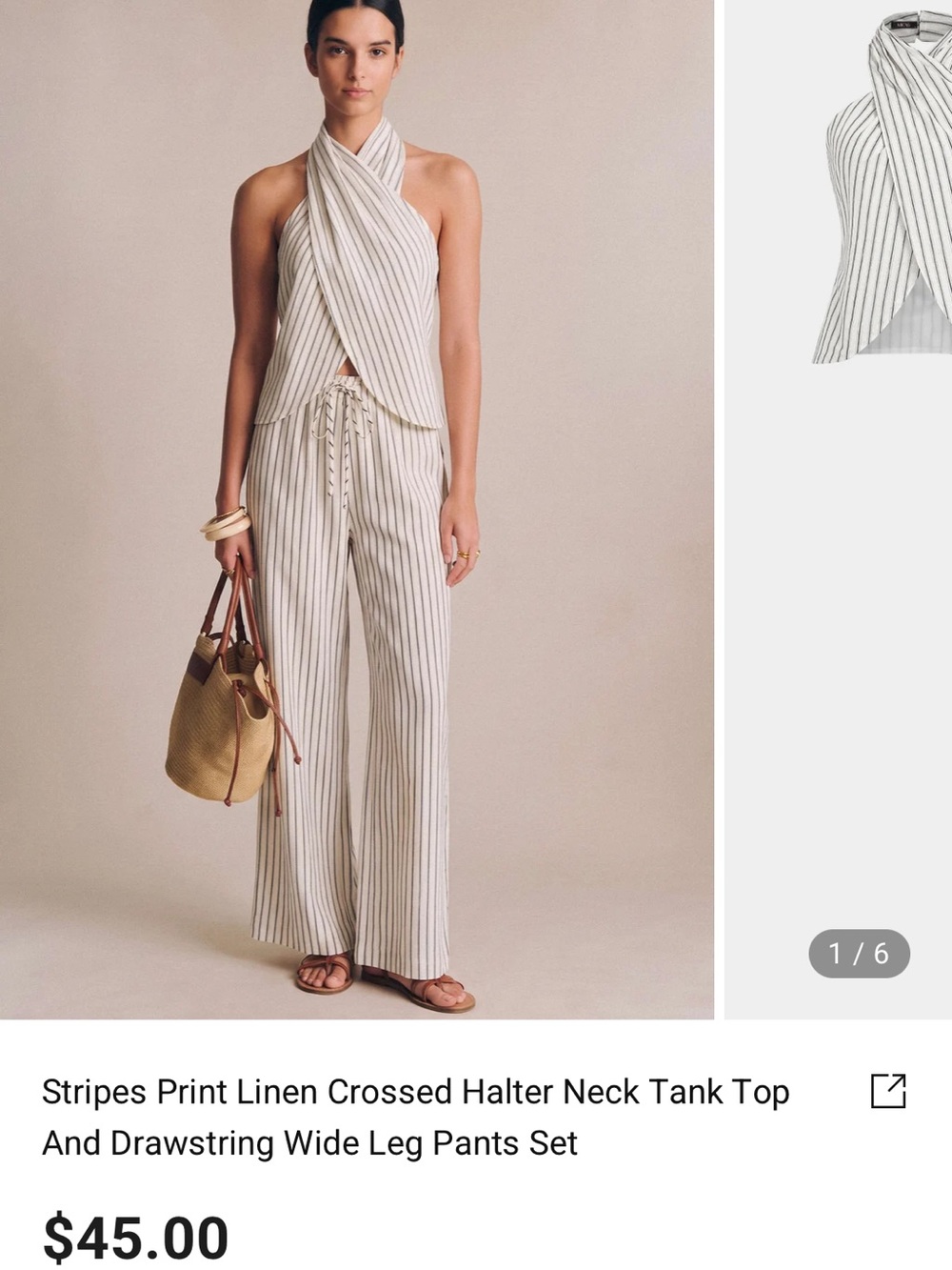 Striped Linen Halter Top & Drawstring Wide-Leg Pants Set - Cream/Gray